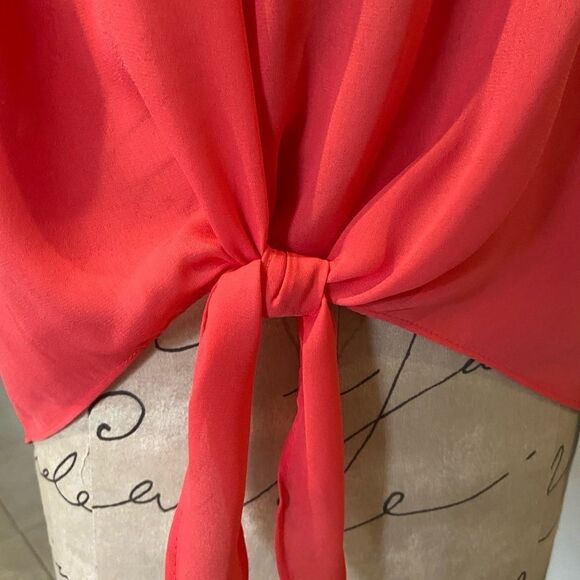NEW Coral Pink Lace Trim Tie Front Top Blouse - Picture 9 of 15